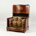 A SUPERB 19TH CENTURY FRENCH WALNUT CASED LIQUEUR SET, in a brass bound and inlaid case,