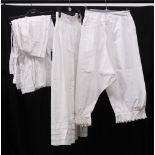 VICTORIAN LADIES COTTON BLOOMERS, with tie waist, also cotton underskirt and three aprons.