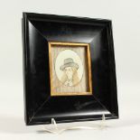 A PERUVIAN MINIATURE, young lady wearing a hat, oval, in an ebonised frame. 18cms high.