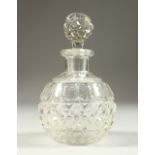 AN EDWARDIAN CUT GLASS GLOBULAR SCENT BOTTLE AND STOPPER. 14cms high.