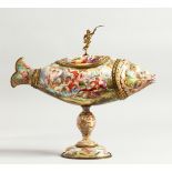 A SUPERB 19TH CENTURY VIENNA ENAMEL FISH COMPORT, painted in brilliant colours with classical and
