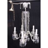 A GOOD CUT GLASS FIVE BRANCH CHANDELIER, with prism drops. 100cms high x 60cms wide.
