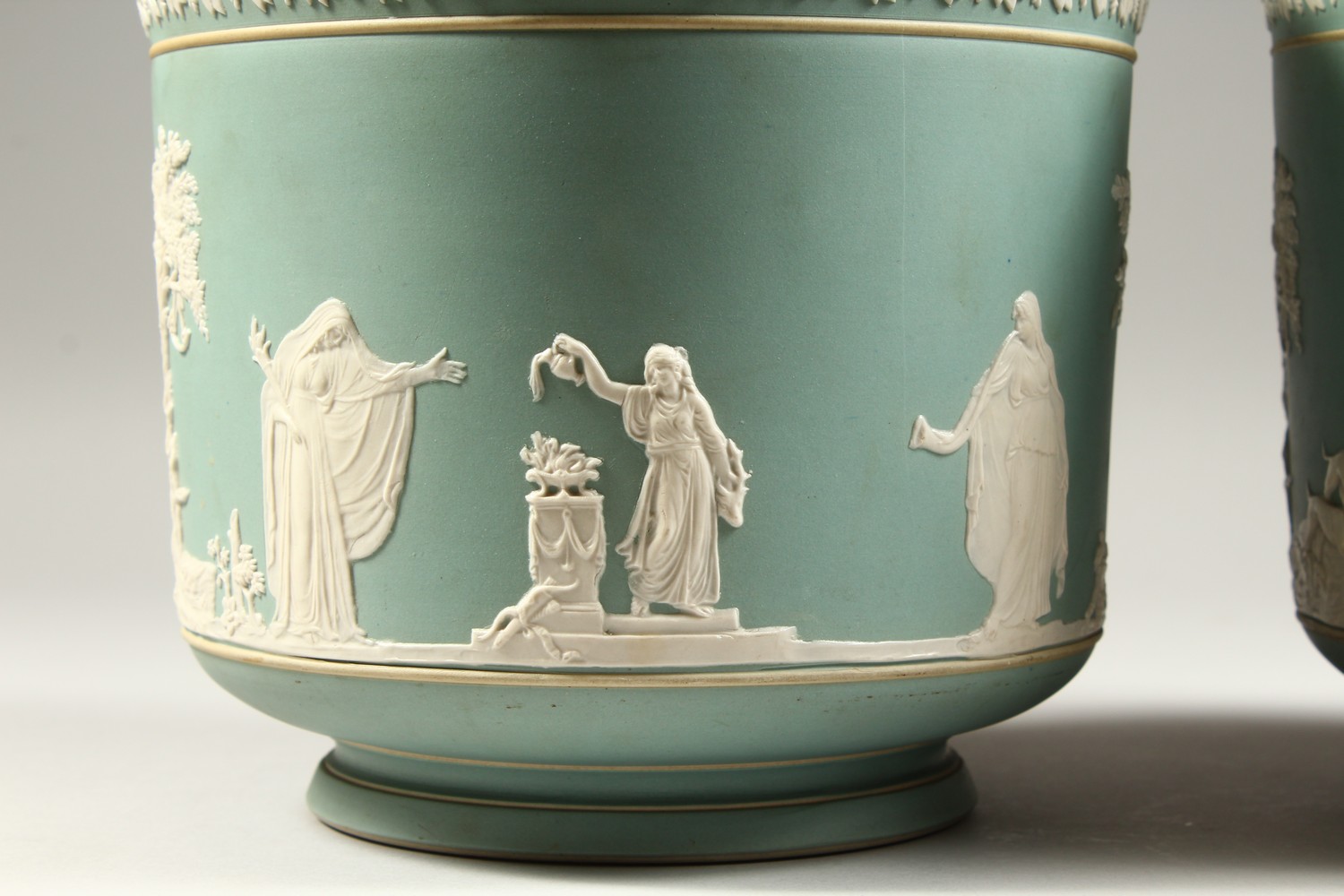 A PAIR OF ADAMS PALE GREEN JASPERWARE STONEWARE CIRCULAR JARDINIERES, one with hunting scenes, the - Image 7 of 24