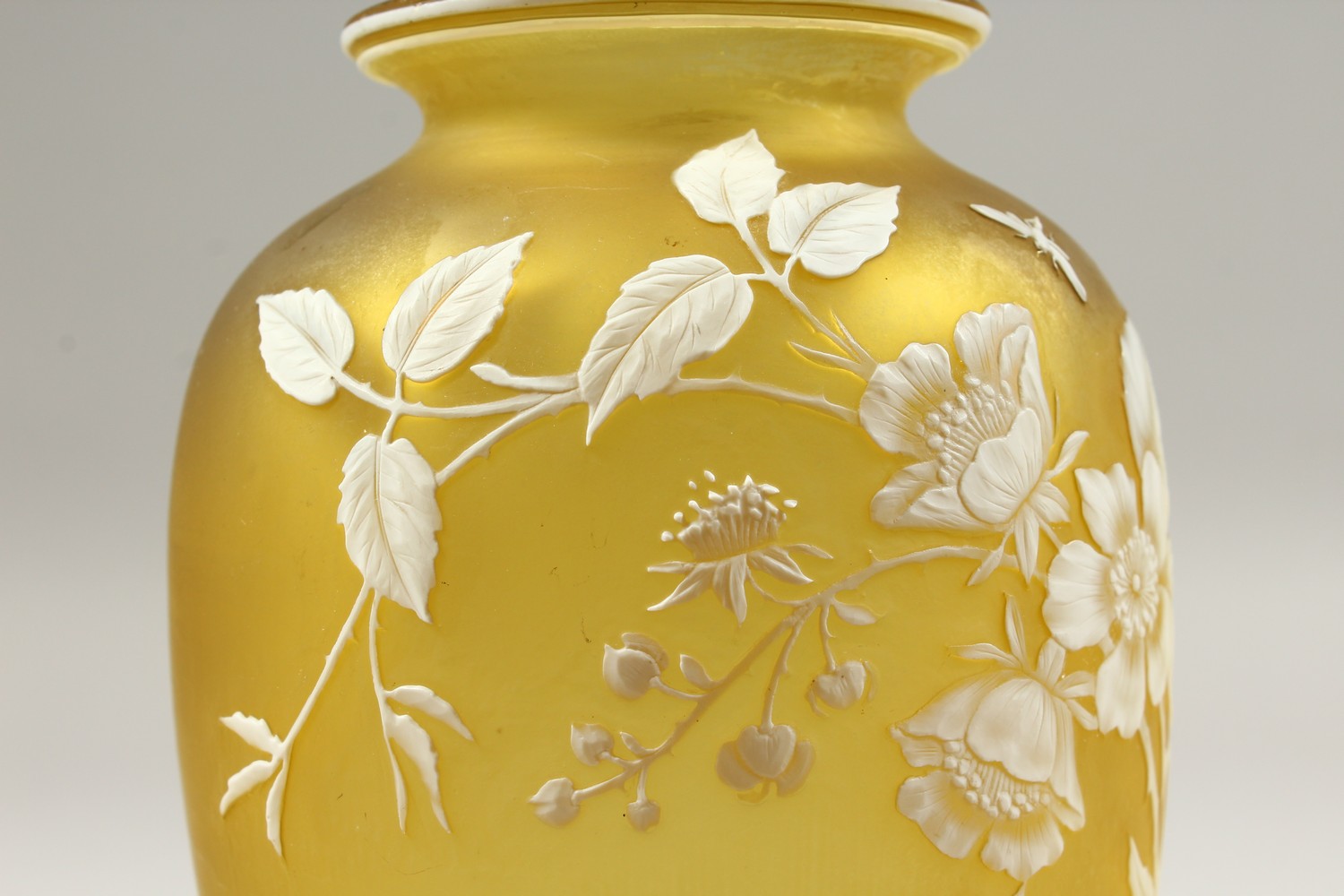 A GOOD YELLOW AND WHITE CAMEO GLASS VASE, with flowers and insects. 7ins high. - Image 3 of 15