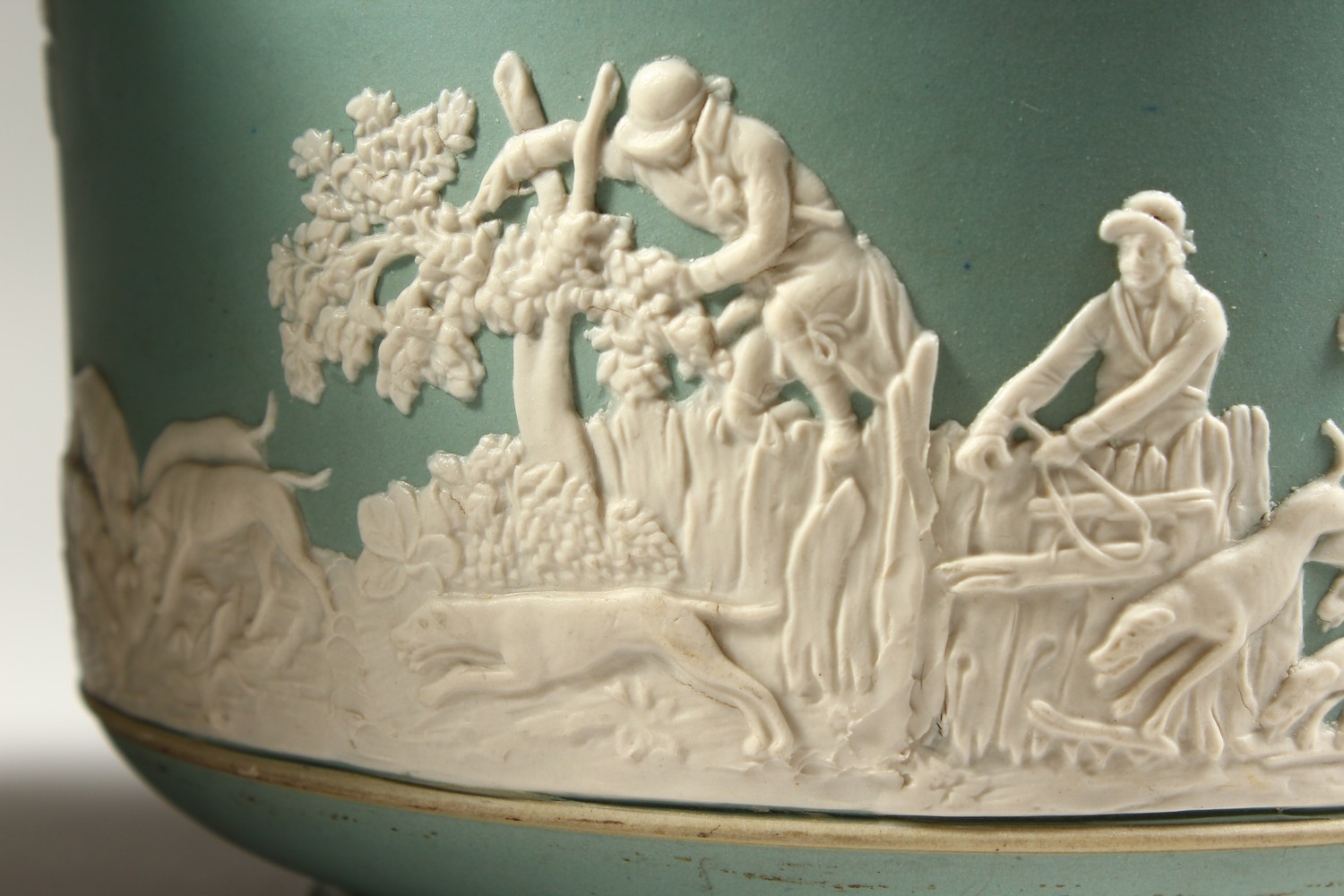 A PAIR OF ADAMS PALE GREEN JASPERWARE STONEWARE CIRCULAR JARDINIERES, one with hunting scenes, the - Image 4 of 24