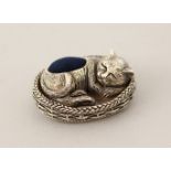 A SILVER PLATED OVAL PILL BOX, cat in a box.