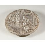 A STERLING .925 SILVER OVAL PILL BOX AND COVER, the lid repousse with cupids.