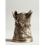 A RUSSIAN SILVER FOX HEAD STIRRUP CUP, realistically cast, with diamond inset eyes. 6cms high.