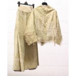 EDWARDIAN PALE GREEN SILK SKIRT AND WAISTED JACKET, with handmade lace trims and fishtail back to