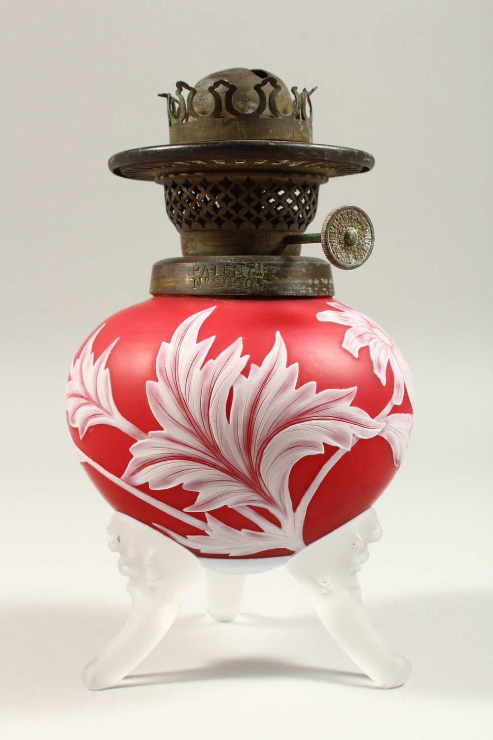 A PAIR OF RED AND WHITE CAMEO GLASS OIL LAMP BASES, with flowers, leaves and thistles. 7.5ins high. - Image 7 of 13