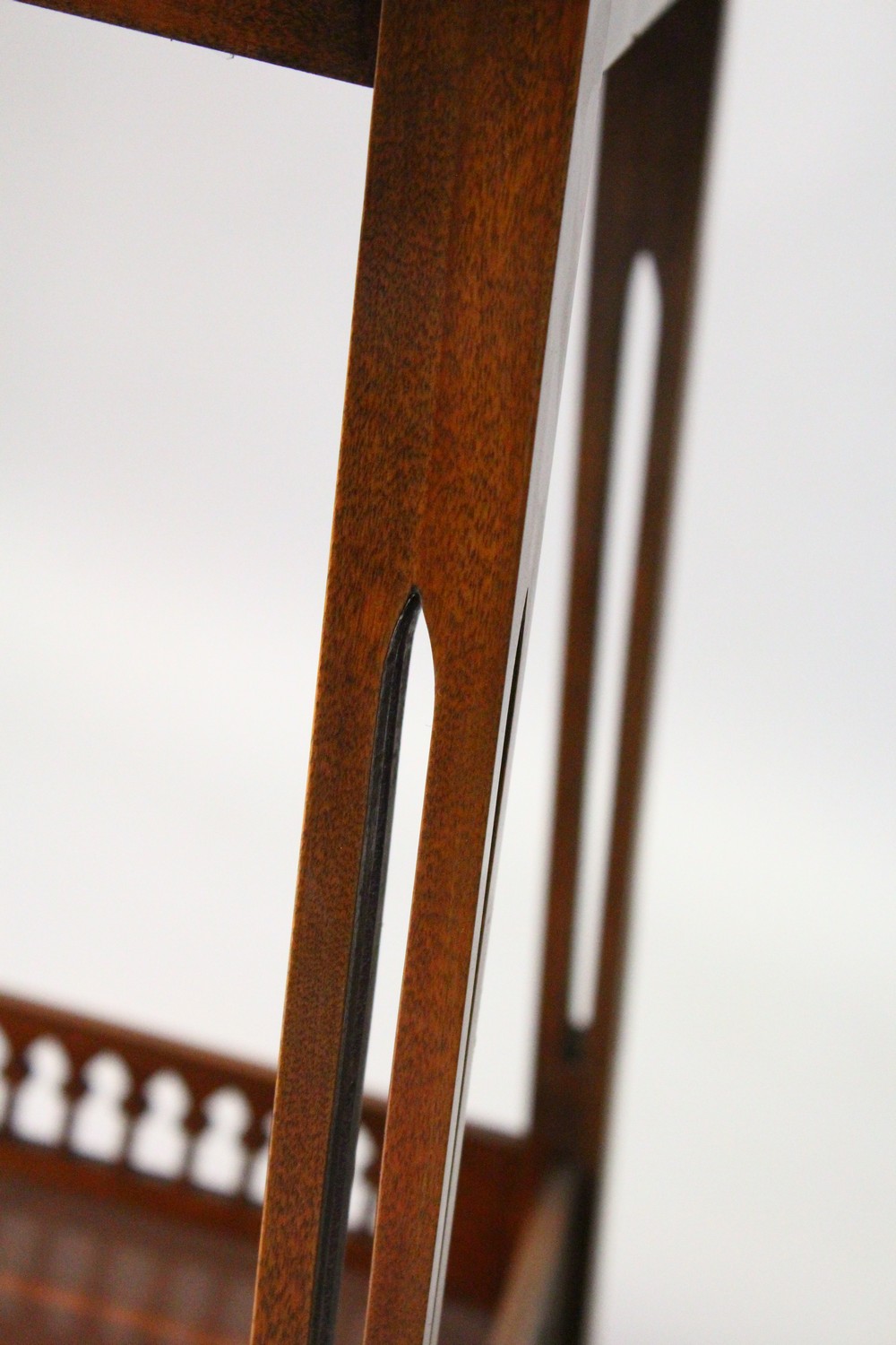 AN EDWARDIAN MAHOGANY AND INLAID TWO-TIER OCCASIONAL TABLE, on pierced square legs. 58cms wide x - Image 7 of 9