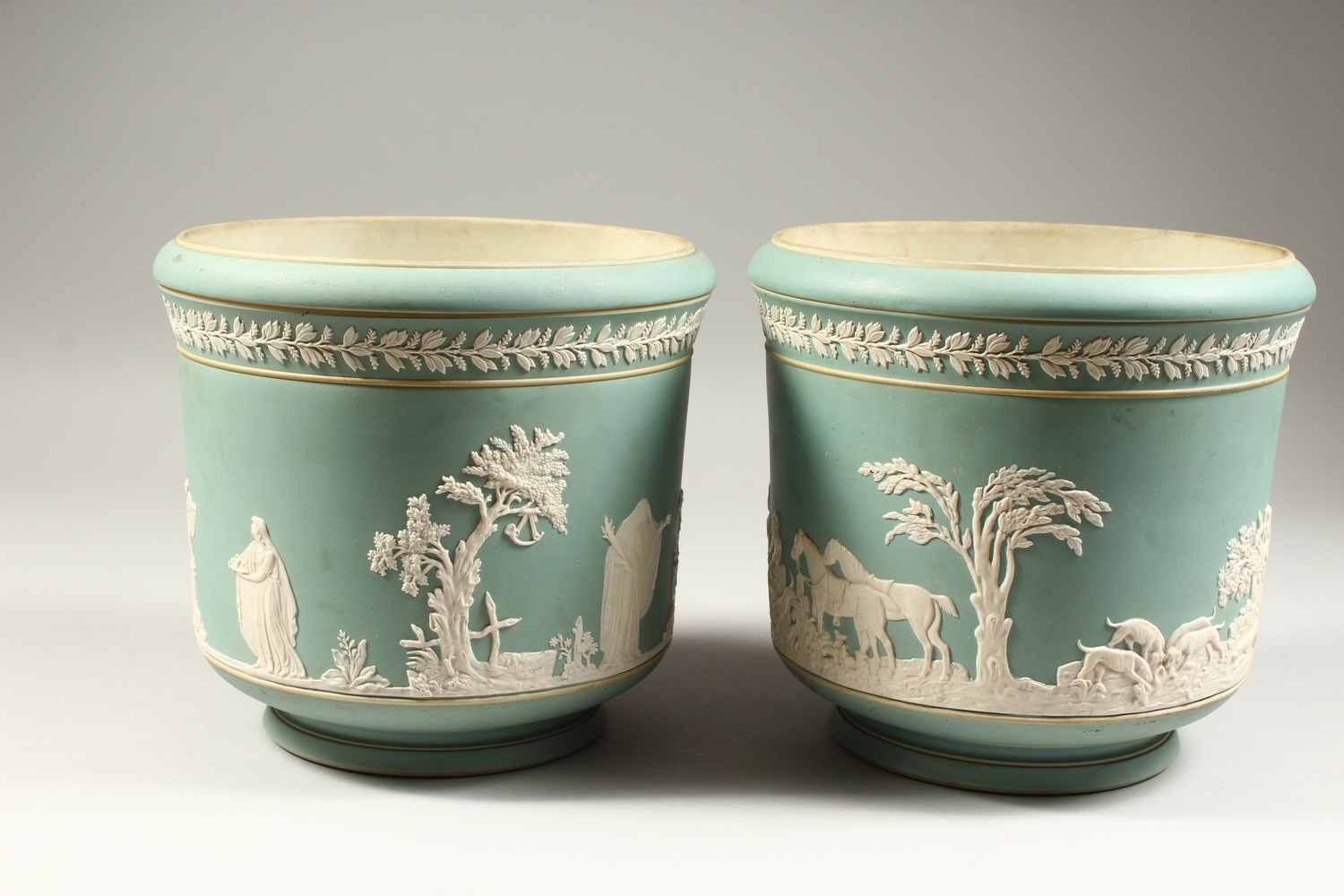 A PAIR OF ADAMS PALE GREEN JASPERWARE STONEWARE CIRCULAR JARDINIERES, one with hunting scenes, the - Image 8 of 24