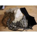 A COLLECTION OF VICTORIAN SILK, LACE AND BEADED ITEMS, including real hair wig.