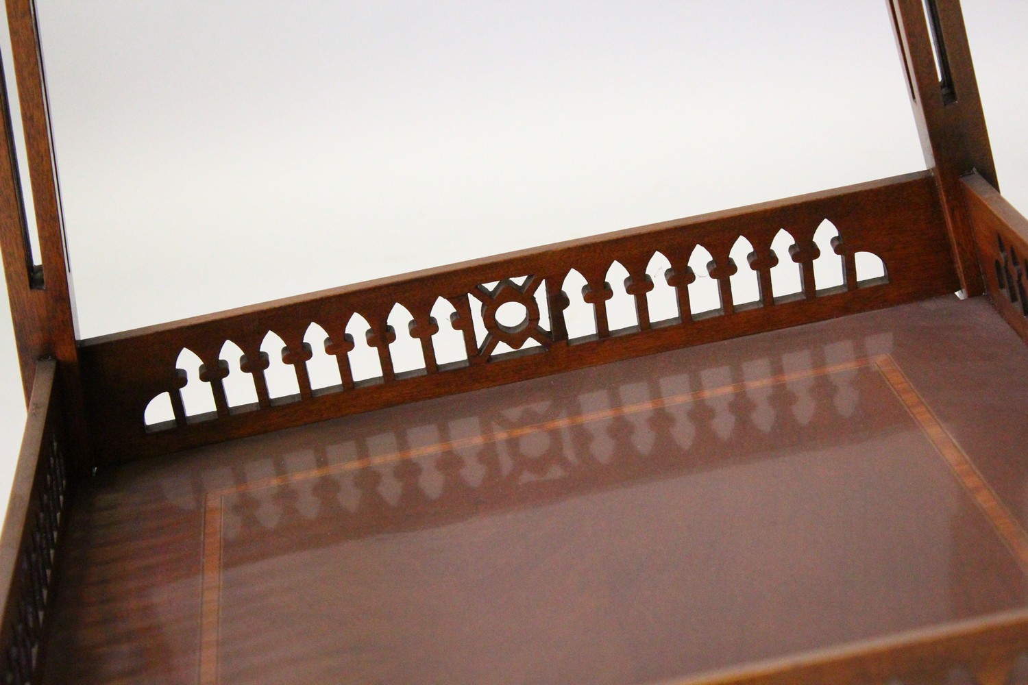 AN EDWARDIAN MAHOGANY AND INLAID TWO-TIER OCCASIONAL TABLE, on pierced square legs. 58cms wide x - Image 6 of 9