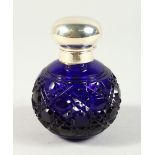 A BRISTOL BLUE CUT GLOBULAR SCENT BOTTLE AND STOPPER with plain silver top. Birmingham 1971. 10cms