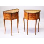 A PAIR OF FRENCH STYLE WALNUT THREE DRAWER BOWFRONT PETIT COMMODE, 20TH CENTURY, on cabriole legs.