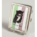 AN ENGINE TURNED CIGARETTE CASE, with an enamel oval of a suffragette cat. Birmingham 1928.