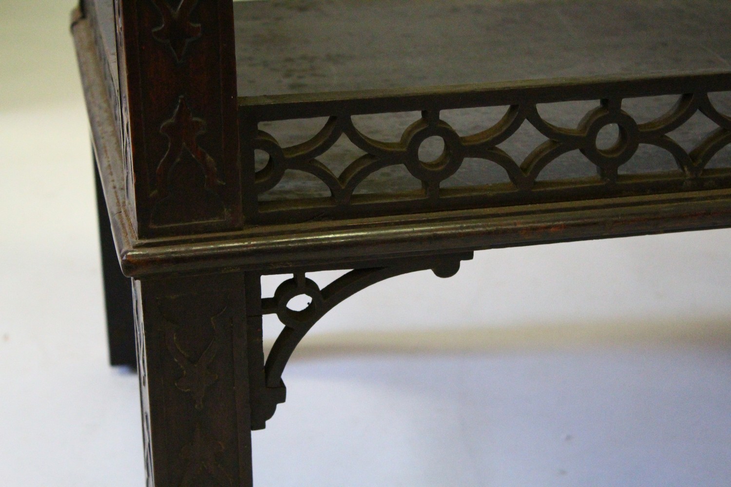 A CHIPPENDALE REVIVAL TWO-TIER MAHOGANY TABLE, with gadrooned edge, blind fret frieze, galleried - Image 3 of 7