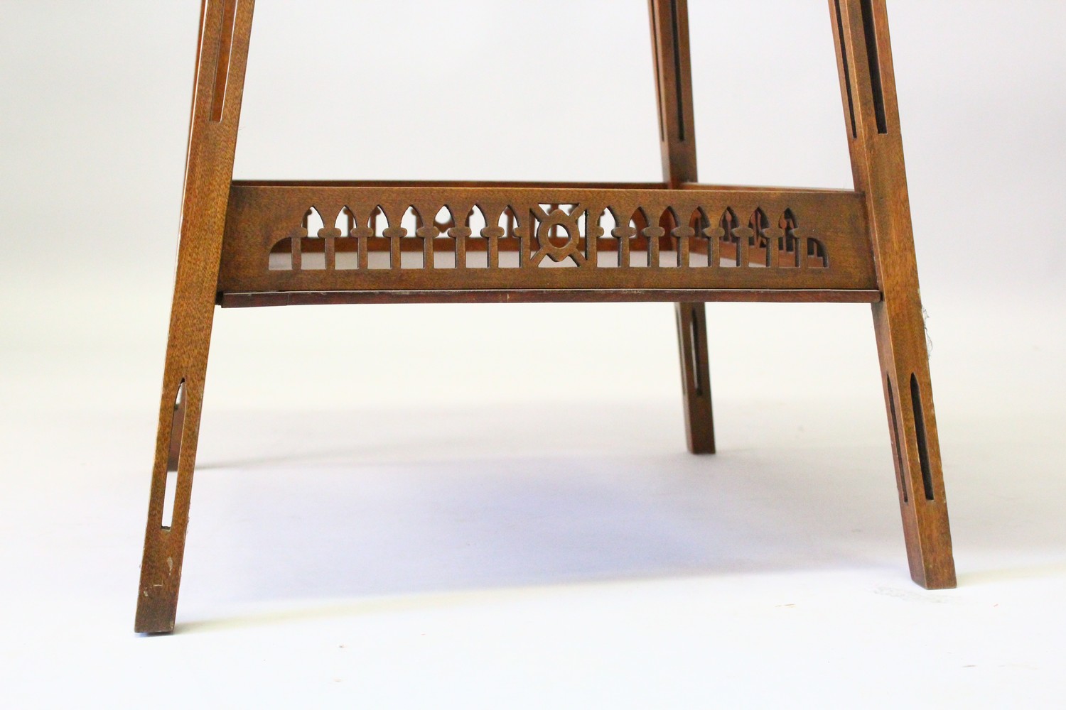 AN EDWARDIAN MAHOGANY AND INLAID TWO-TIER OCCASIONAL TABLE, on pierced square legs. 58cms wide x - Image 5 of 9