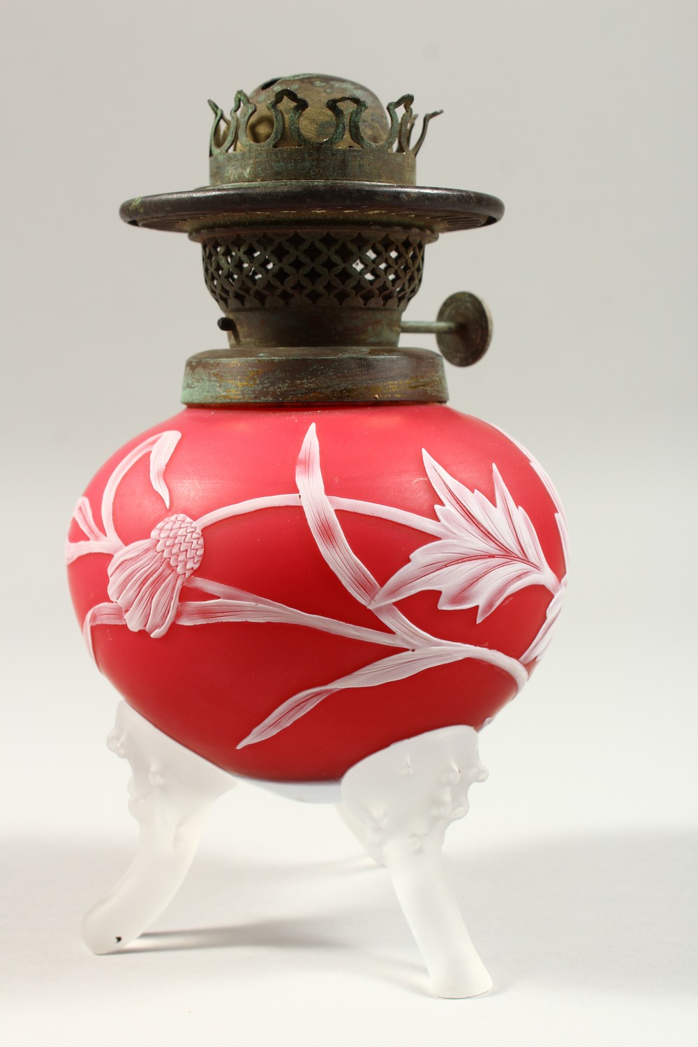 A PAIR OF RED AND WHITE CAMEO GLASS OIL LAMP BASES, with flowers, leaves and thistles. 7.5ins high. - Image 8 of 13