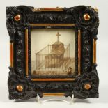 AN UNUSUAL 19TH CENTURY HAIR PICTURE, depicting Napoleon's grave, in an ornate frame. 24cms high.