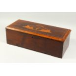 A 19TH CENTURY ROSEWOOD AND INLAID MUSICAL BOX (lacking mechanism). 54cms long x 22cms wide x