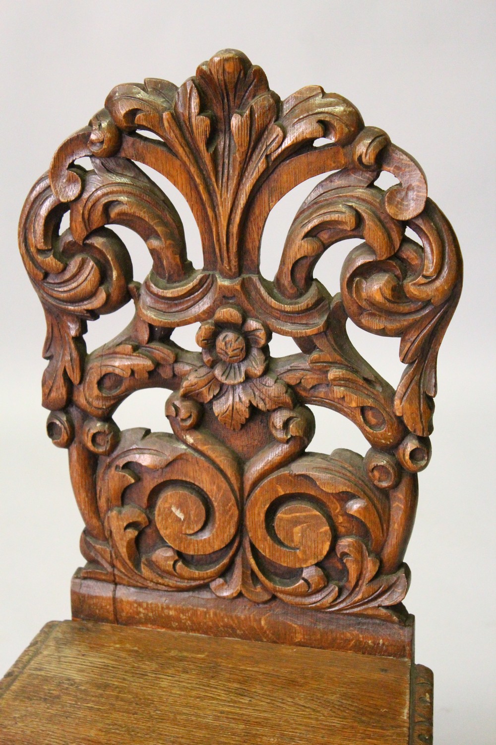 A PAIR OF VICTORIAN OAK HALL CHAIRS, with carved backs, solid seats, on turned and carved legs. - Image 2 of 6