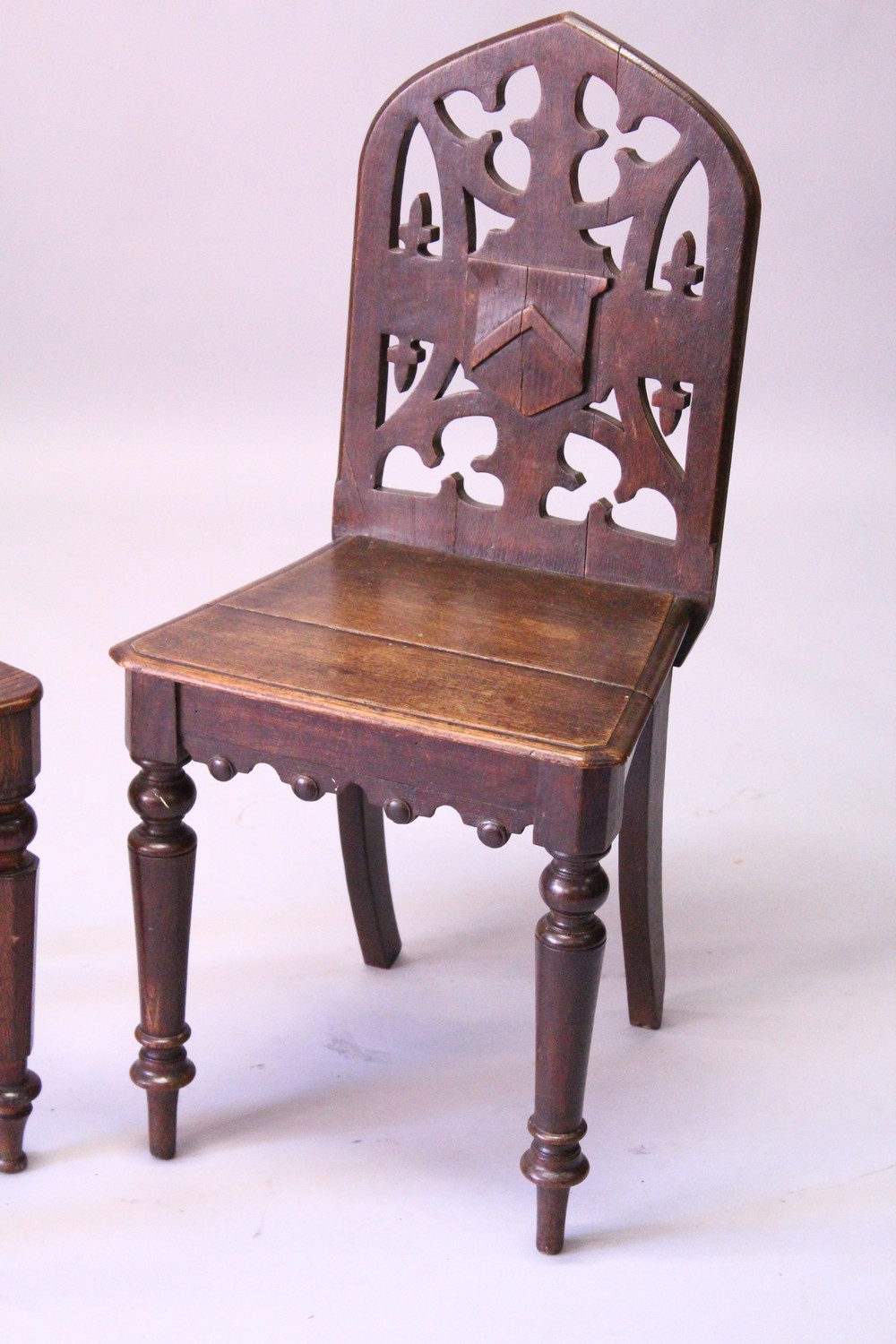 TWO VICTORIAN OAK HALL CHAIRS. - Image 3 of 5