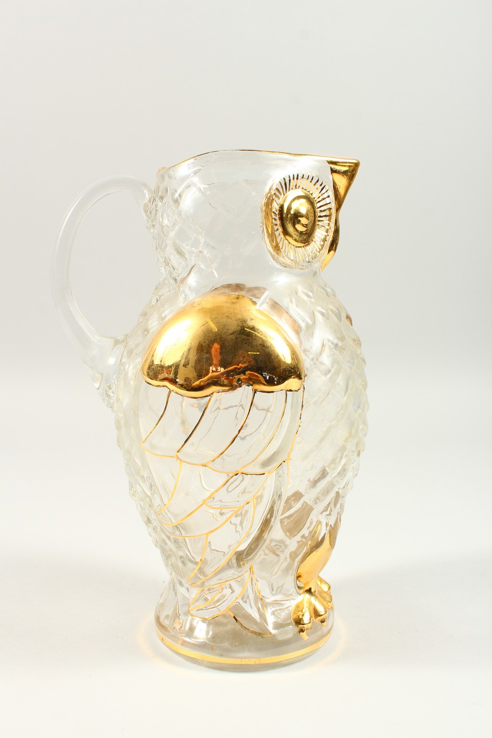 A MOULDED GLASS OWL SHAPE JUG, with gilded decoration. 26cms high. - Image 2 of 4