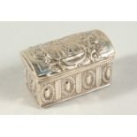 A CONTINENTAL SILVER MINIATURE CHEST, the lid repousse with a King and Queen with crowns. 2ins
