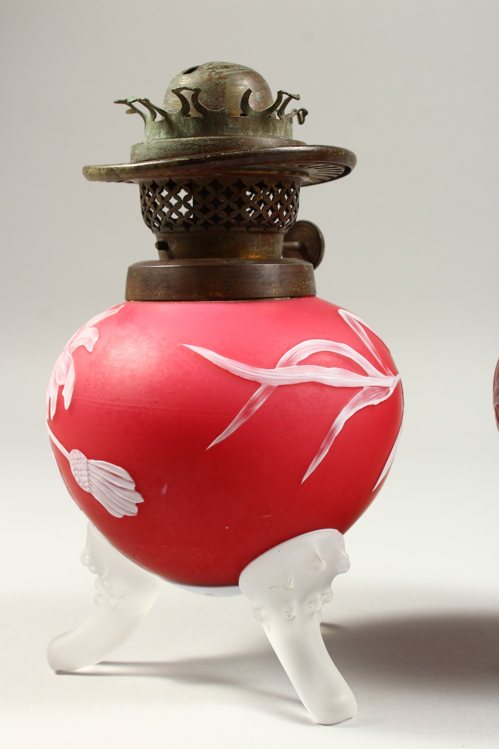 A PAIR OF RED AND WHITE CAMEO GLASS OIL LAMP BASES, with flowers, leaves and thistles. 7.5ins high. - Image 6 of 13