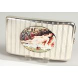 AN ENGINE TURNED CIGARETTE CASE, with an enamel oval of a reclining nude. Birmingham 1918.