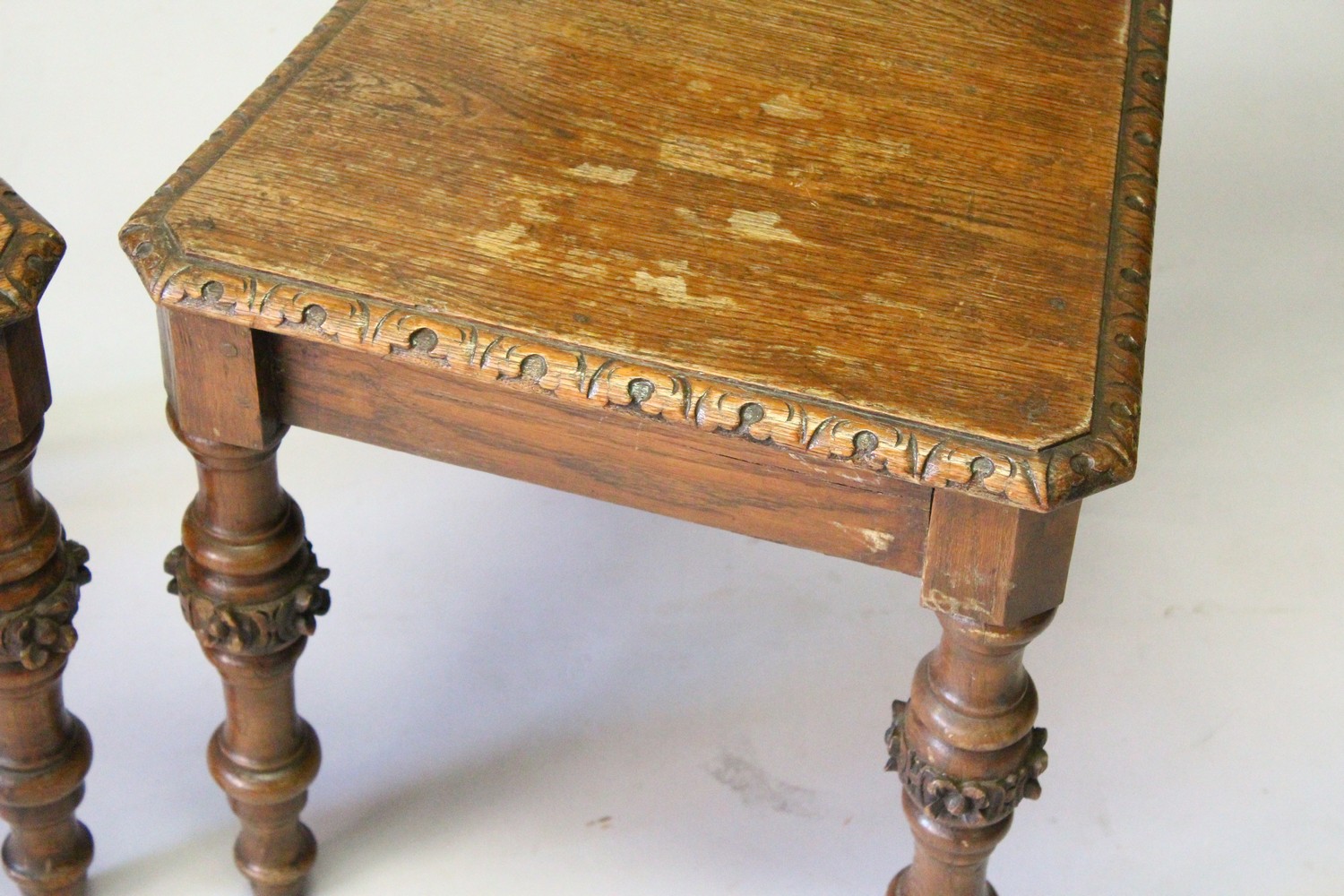 A PAIR OF VICTORIAN OAK HALL CHAIRS, with carved backs, solid seats, on turned and carved legs. - Image 3 of 6