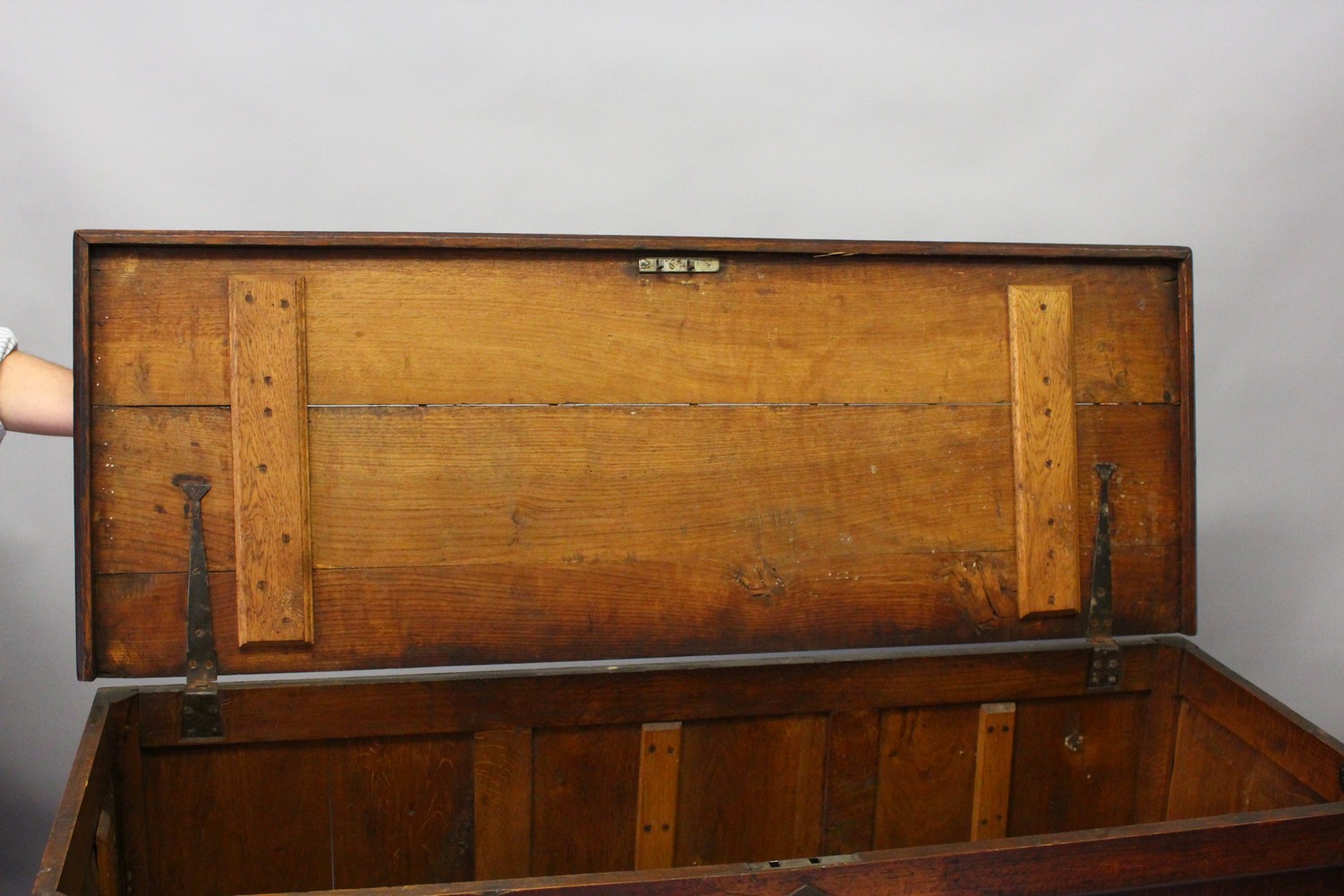 A 19TH CENTURY OAK COFFER BACK, with a plain plank top, triple panel front and two drawers, on - Image 5 of 11