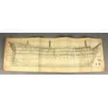 AN EARLY 19TH CENTURY ENGRAVING OF A BOAT BUILDERS PLAN, unframed. 94cms long x 31cms wide.