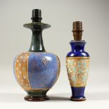 A ROYAL DOULTON STONEWARE VASE, Pattern No. 8335, and a small SLATERS PATENT VASE, both converted to