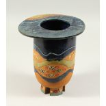 A 20TH CENTURY STUDIO POTTERY VASE, part glazed, decorated with fish, on four slab feet. 24cms