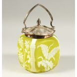 A GOOD YELLOW CAMEO GLASS BISCUIT BARREL, with plated lid and handle. 7ins high.