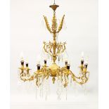 A LARGE LOUIS XVI DESIGN GILT METAL EIGHT BRANCH CHANDELIER with scrolling branches and with over
