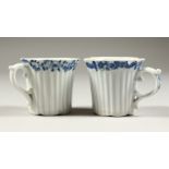 TWO WORCESTER BLUE AND WHITE REEDED COFFEE CUPS, Circa. 1755. Provenance: Zorensky Coll.