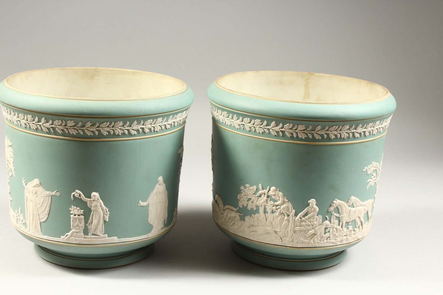 A PAIR OF ADAMS PALE GREEN JASPERWARE STONEWARE CIRCULAR JARDINIERES, one with hunting scenes, the - Image 6 of 24