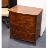 A GEORGE III SMALL MAHOGANY BOWFRONT CHEST, of four graduated long drawers, on splay bracket feet.