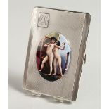 AN ENGINE TURNED CIGARETTE CASE, with an enamel oval of two nudes. Birmingham 1931.