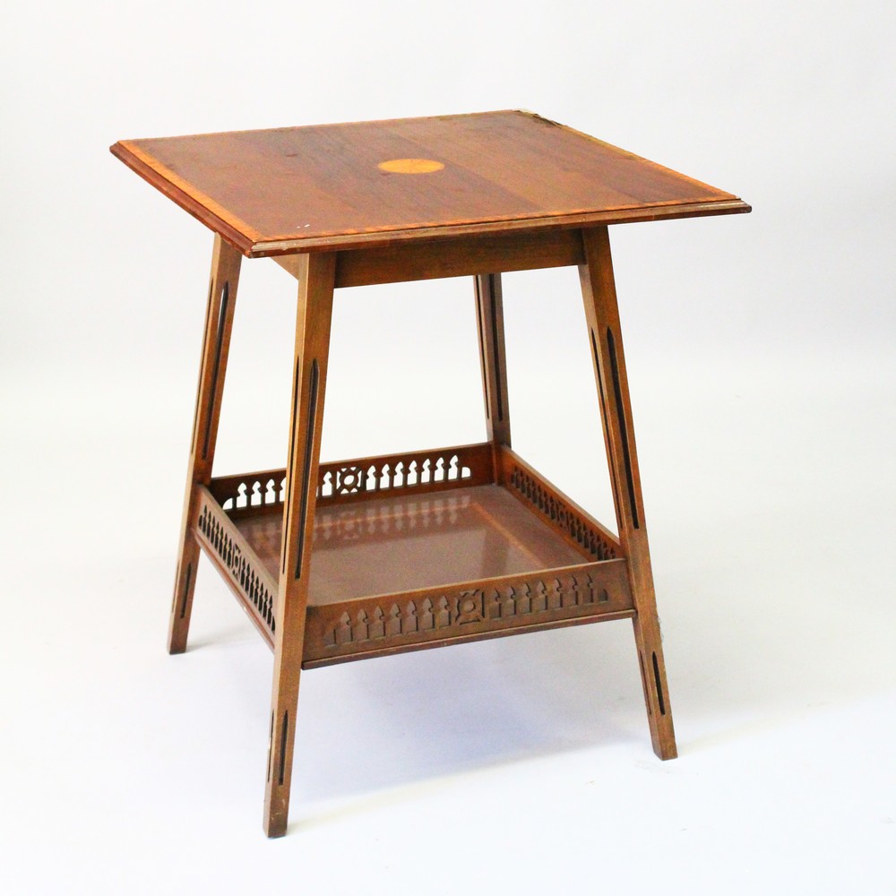 AN EDWARDIAN MAHOGANY AND INLAID TWO-TIER OCCASIONAL TABLE, on pierced square legs. 58cms wide x