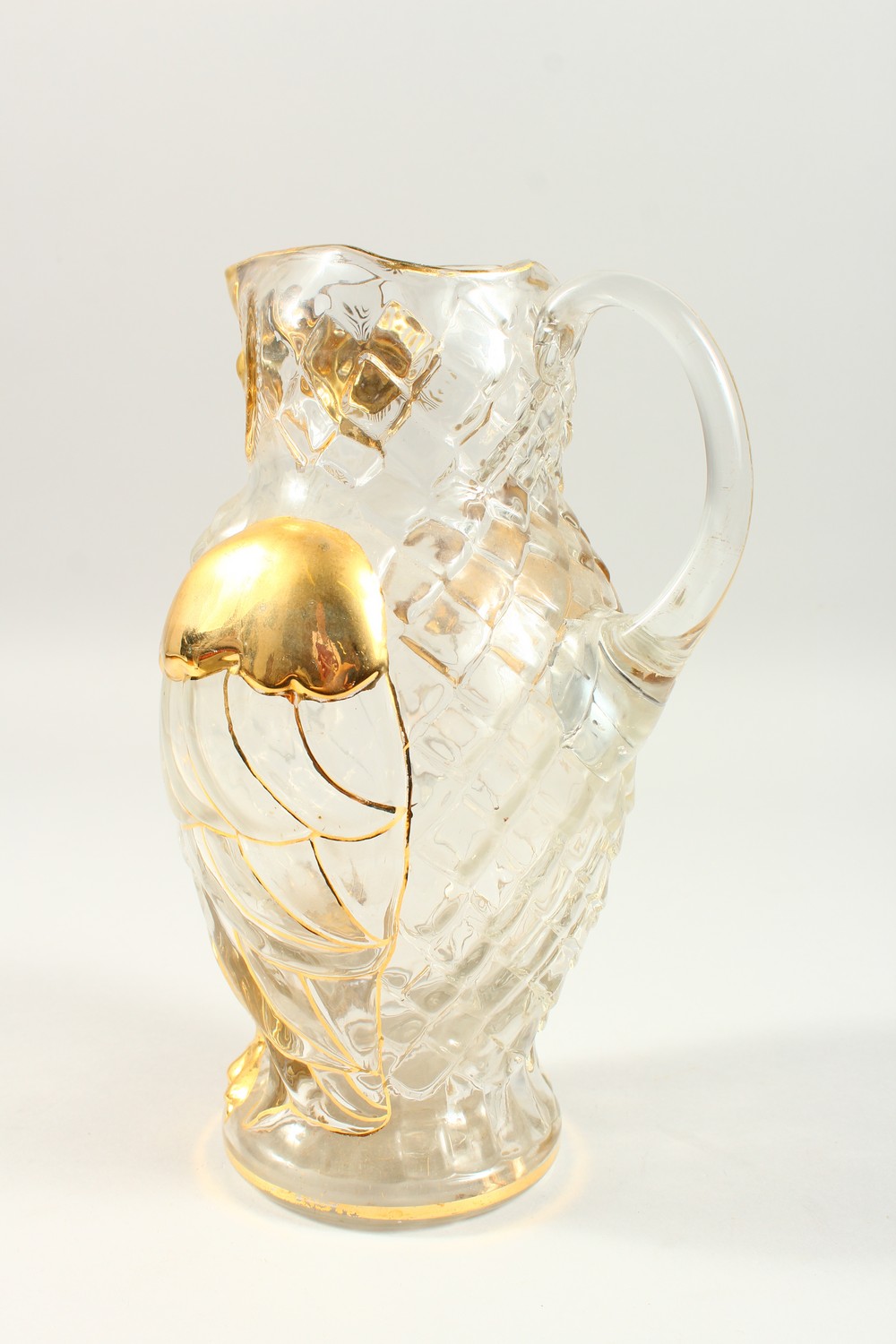 A MOULDED GLASS OWL SHAPE JUG, with gilded decoration. 26cms high. - Image 3 of 4