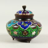 A SMALL CLOISONNE ENAMEL AND BRONZE CENSER. 11cms diameter.