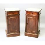 A PAIR OF VICTORIAN MAHOGANY BEDSIDE CUPBOARDS, with marble tops, single drawer and cupboard door,