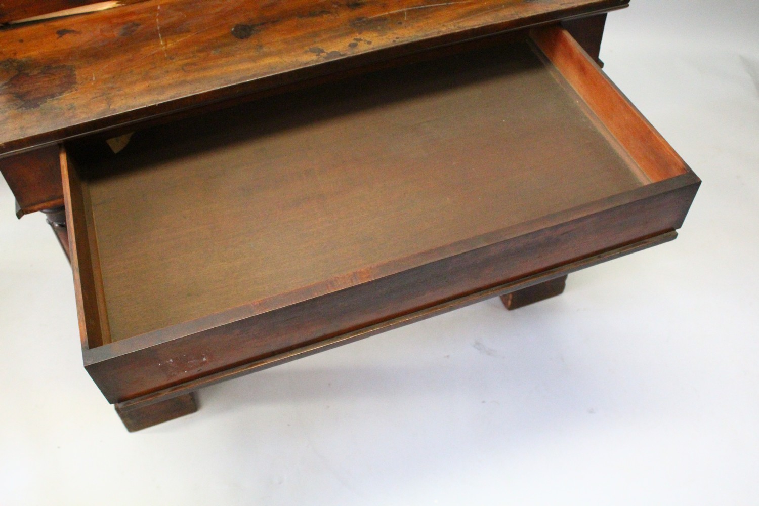 A 19TH CENTURY MAHOGANY SIDE TABLE, the upper section with six small drawers, the base with a long - Image 3 of 4