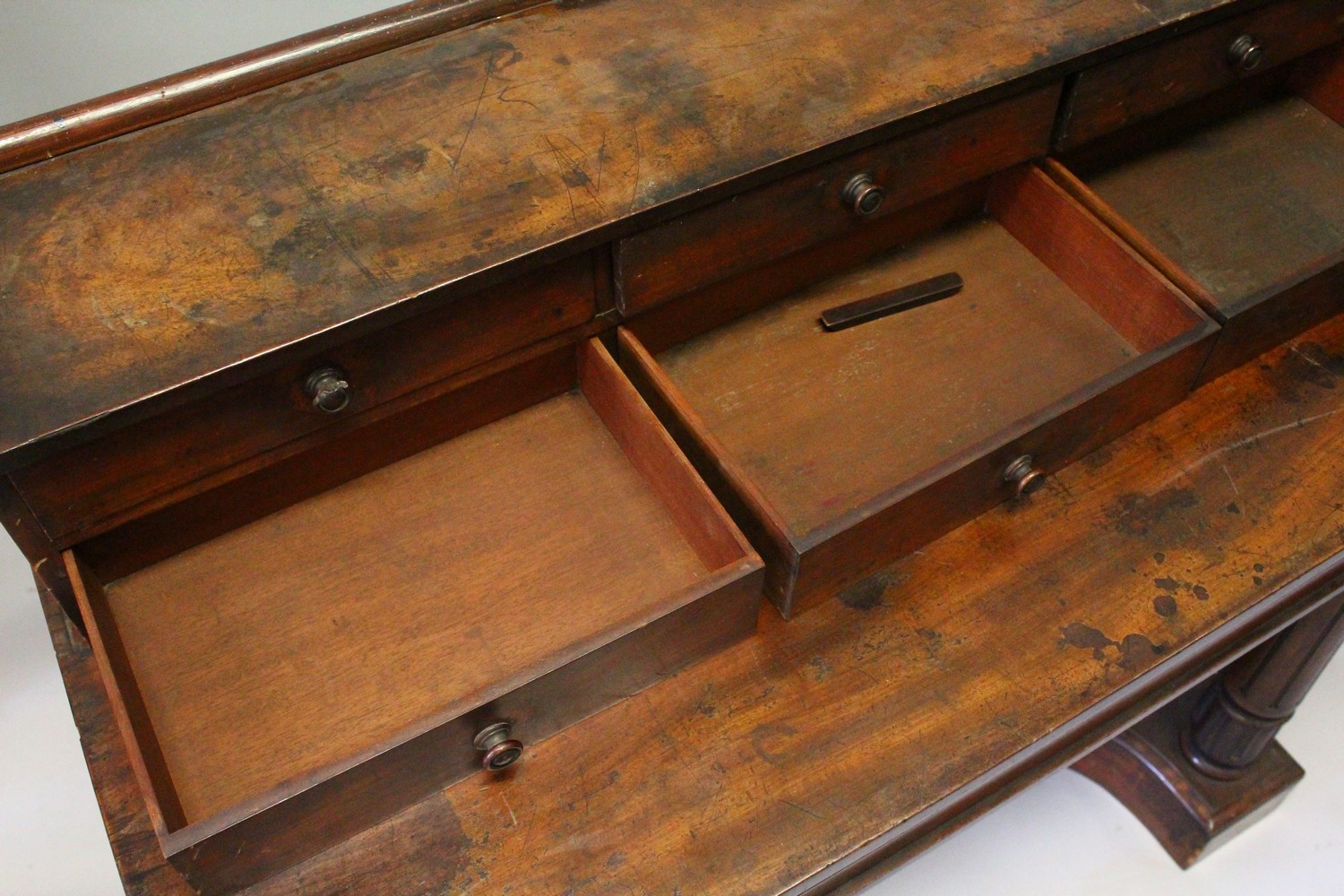 A 19TH CENTURY MAHOGANY SIDE TABLE, the upper section with six small drawers, the base with a long - Image 4 of 4