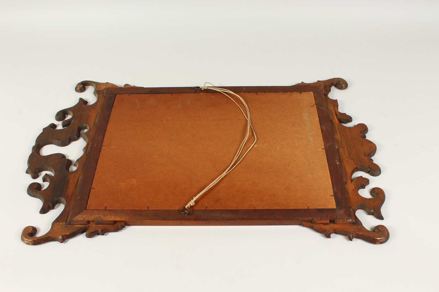 A GEORGE III STYLE MAHOGANY FRETWORK FRAMED WALL MIRROR. 70cms high x 44cms wide. - Image 6 of 8